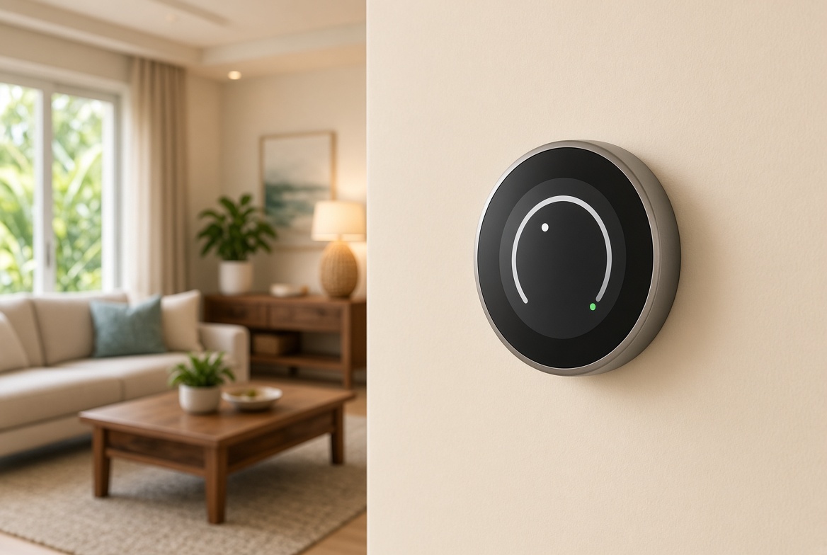 Smart thermostat on a living room wall