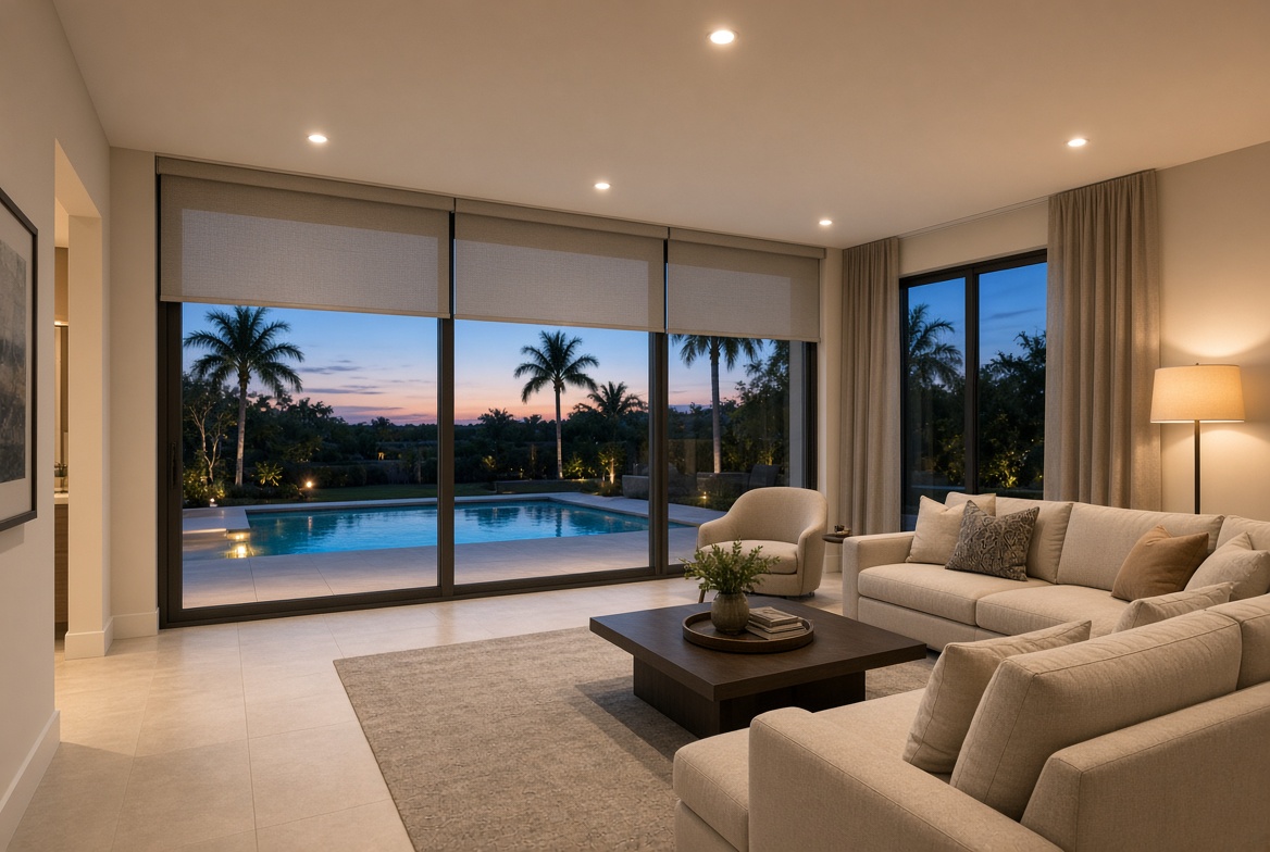Living room with automated lighting and shades